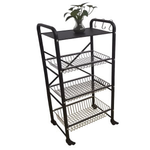 Custom black powder coated multi-layer metal utility rack, indoor outdoor wire storage display rack with hooks